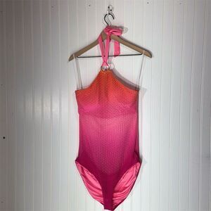 Trina Turk Crochet Halter Swimsuit One Piece Pink Orange Ombre Size 14 NWT
